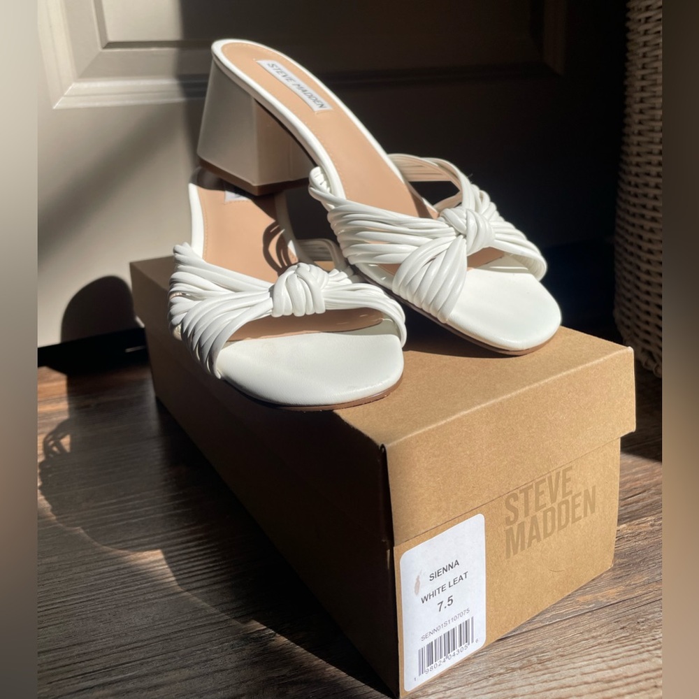 Steve Madden White Knotted Block Heel Mules